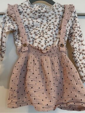 Jessica Simpson Cream Floral Ribbed Bodysuit and Pink Polka Skirt Set